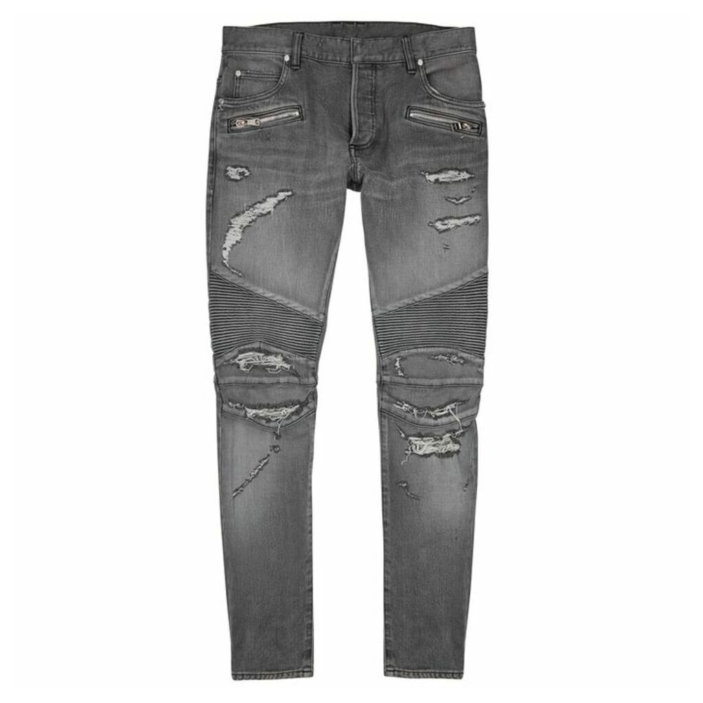 Balmain Grey Distressed Slim-leg Jeans