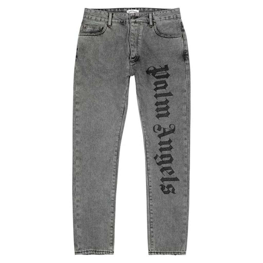 Palm Angels Grey Logo-embroidered Slim-leg Jeans