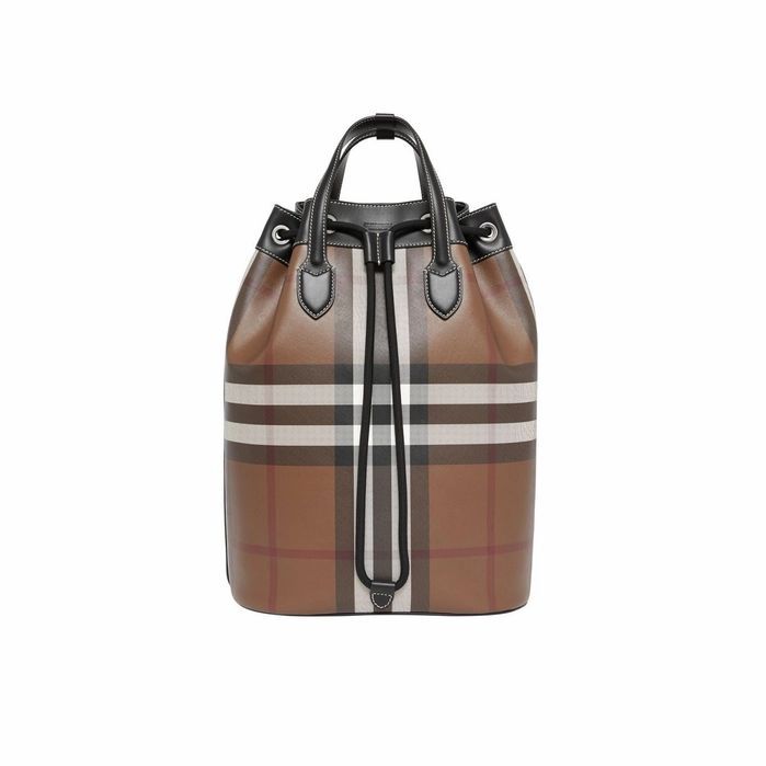 Check Print Leather Drawcord Backpack