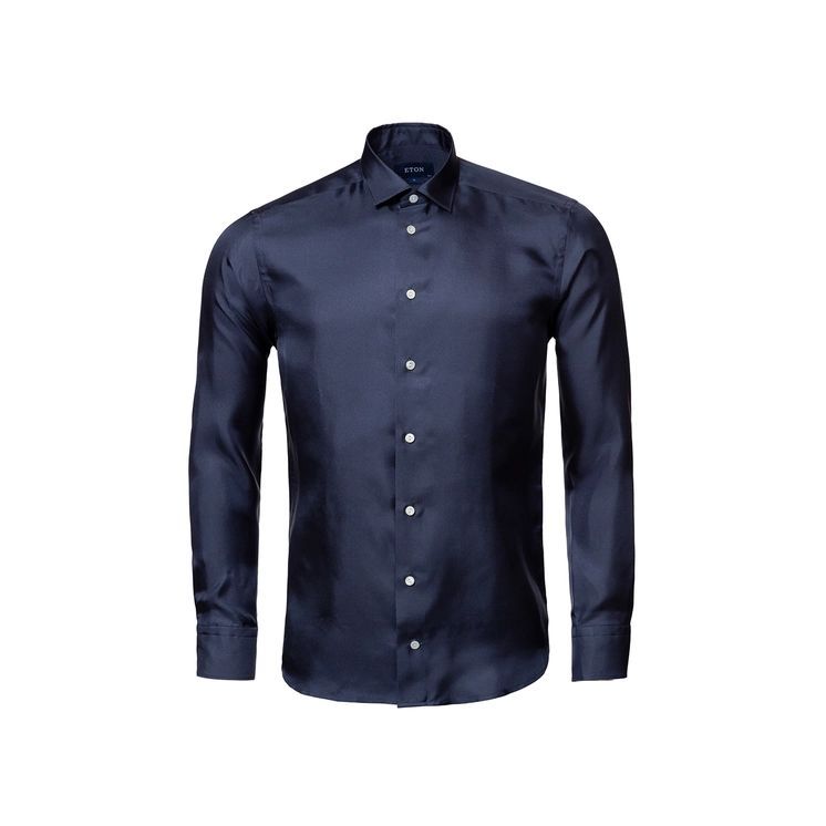 Navy Blue Silk Slim Fit Shirt