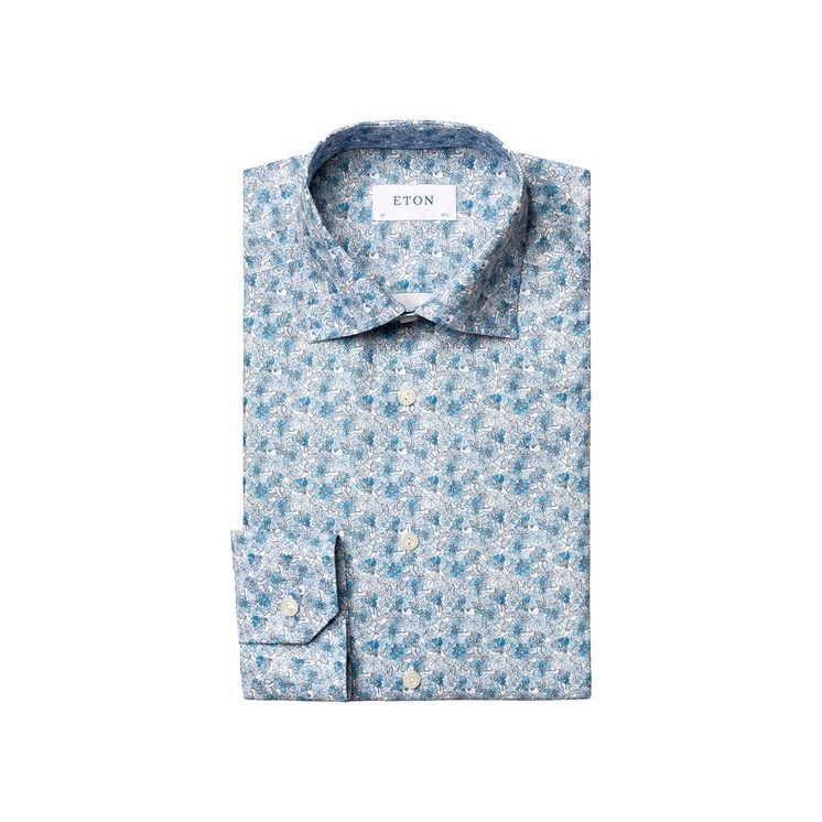Slim Fit Blue Floral Print Twill Shirt