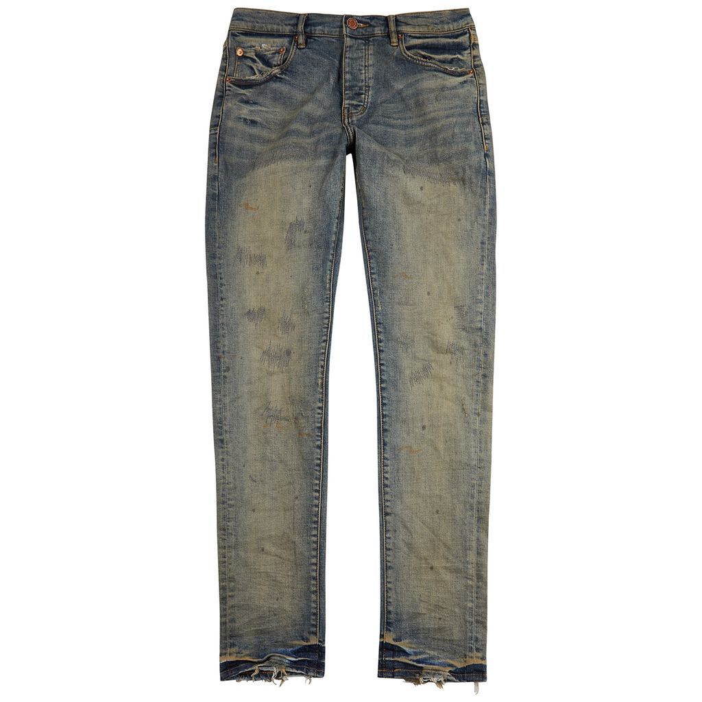 Repair Distressed Slim-leg Jeans - Blue - W30