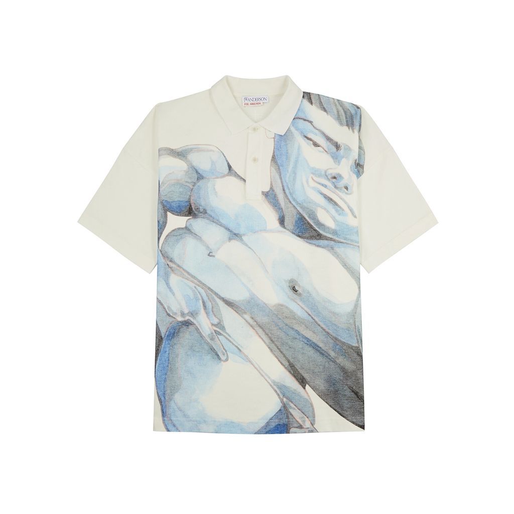 Printed Piqué Cotton Polo Shirt - Cream - L