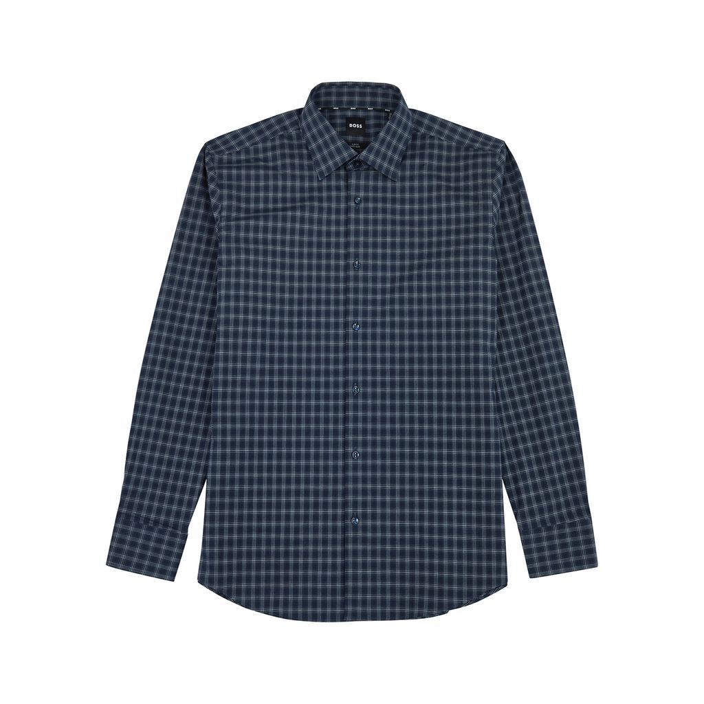 Checked Stretch-cotton Poplin Shirt - Navy - 38