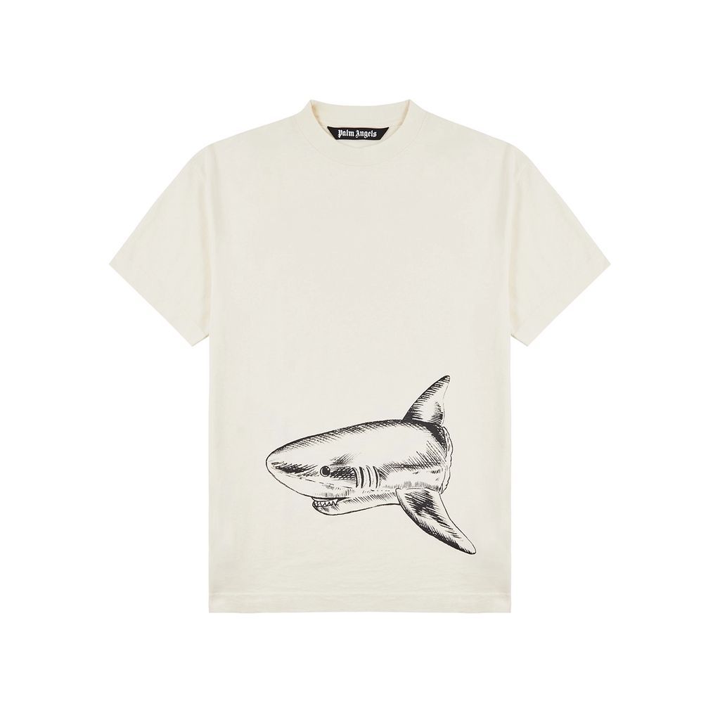 Broken Shark Printed Cotton T-shirt - Cream - M