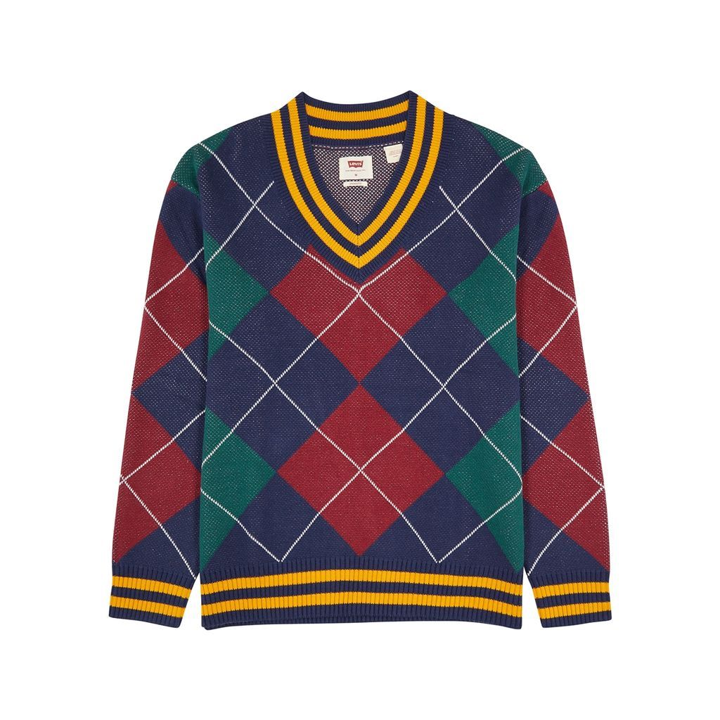 Argyle-intarsia Cotton-blend Jumper - Multicoloured - L