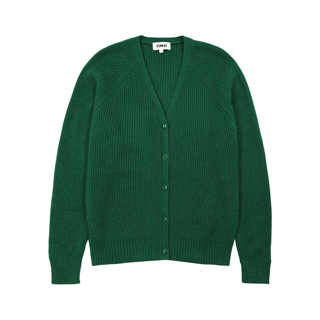 Ribbed-knit Cardigan - Green - L