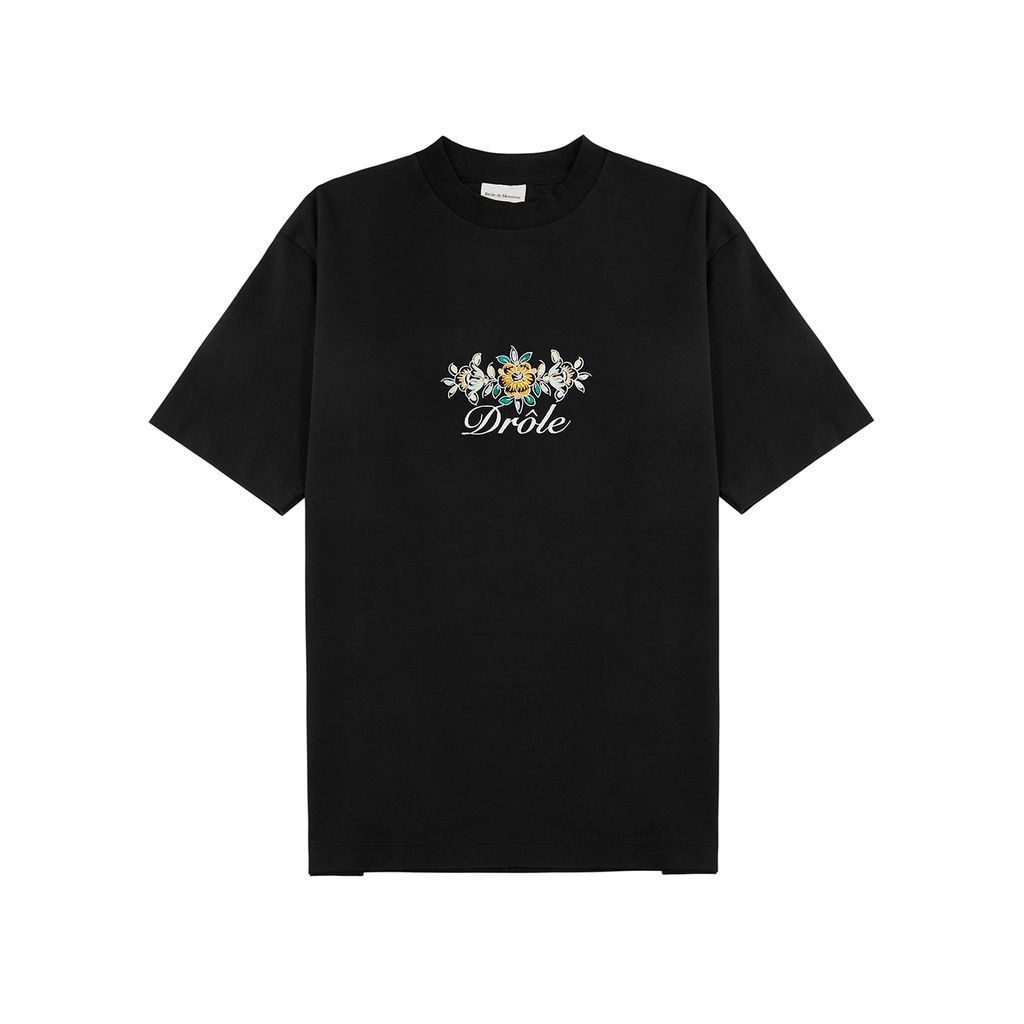 Fleuri Embroidered Cotton T-shirt - Black - XL