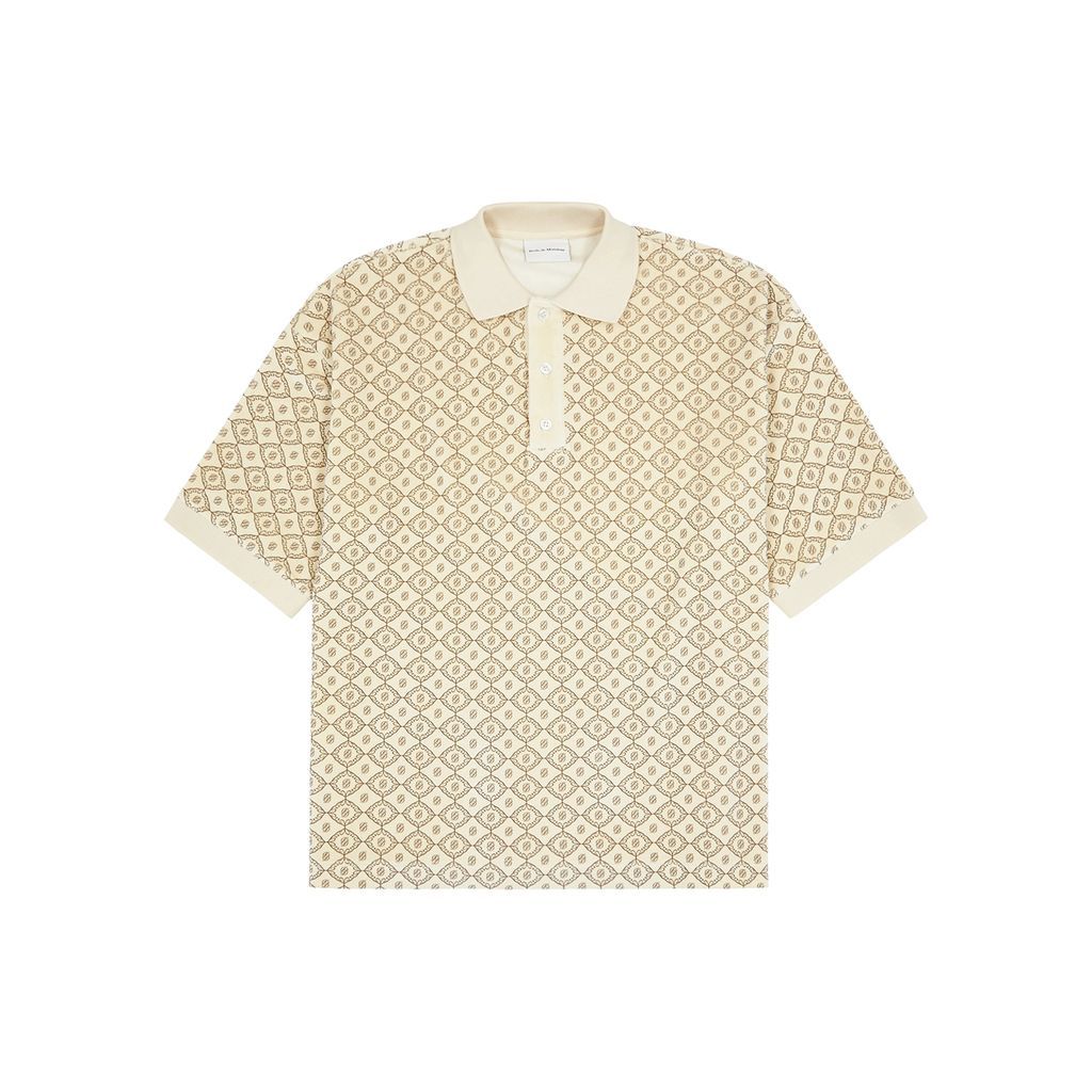 Printed Velour Polo Shirt - Cream - L