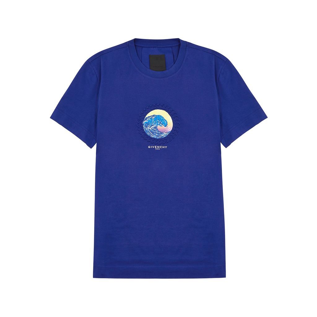 Blue Printed Cotton T-shirt - S