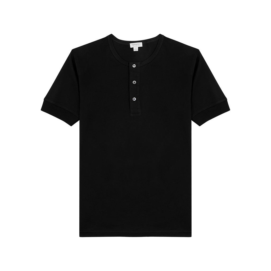 Cotton Henley T-shirt - Black - S