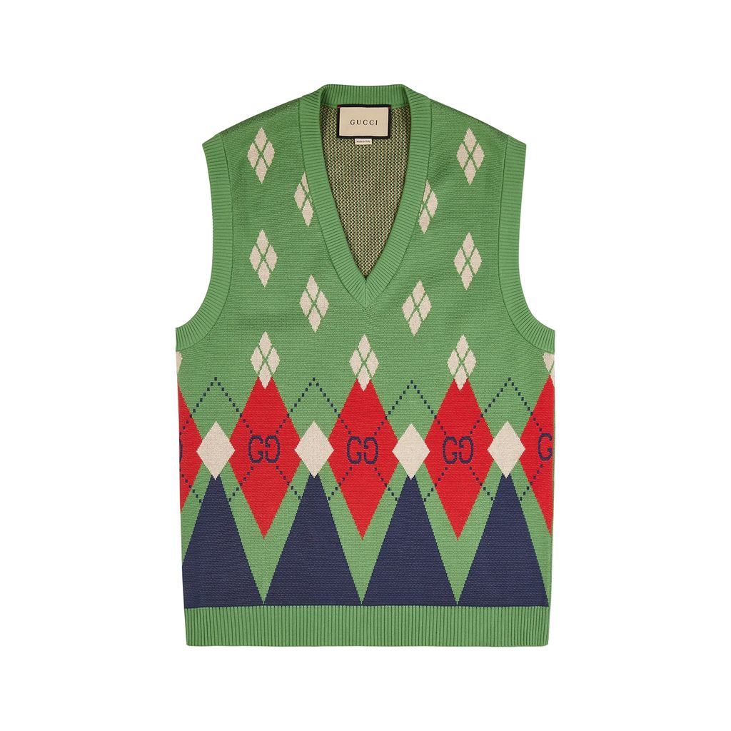 Argyle Knitted Cotton Vest - Green - M
