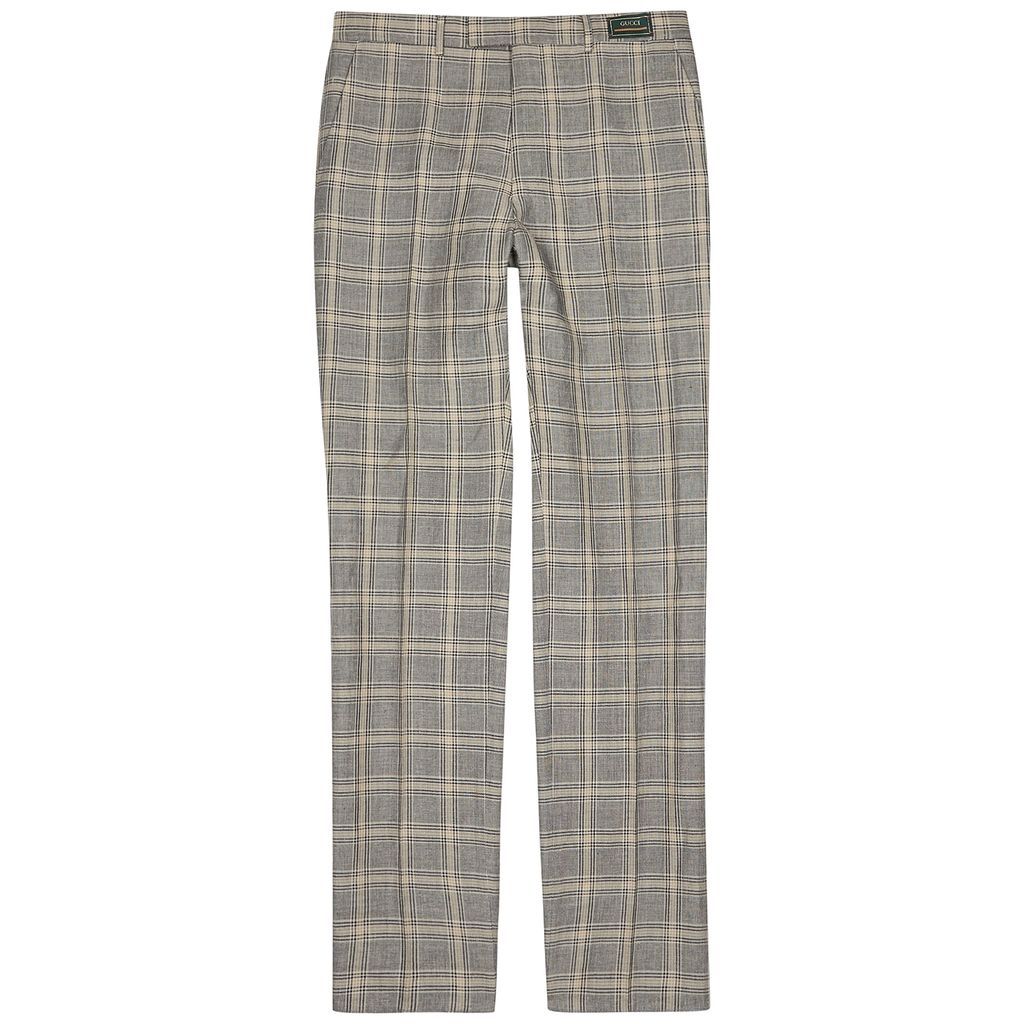 Checked Linen And Wool-blend Trousers - Grey - 50
