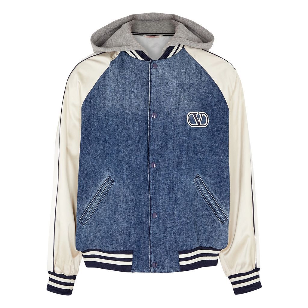 Hooded Denim And Satin Varsity Jacket - Blue - 52