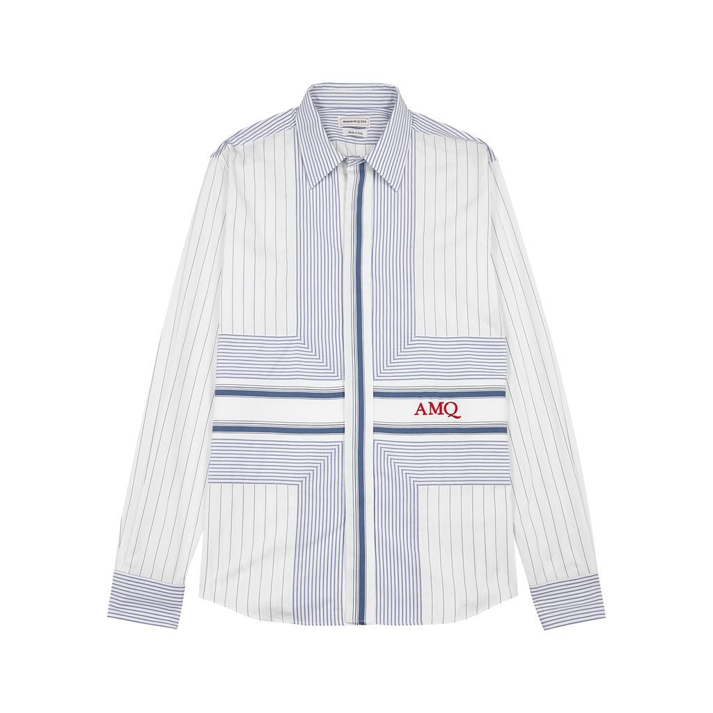 Striped Cotton-poplin Shirt - White And Blue - 15.5