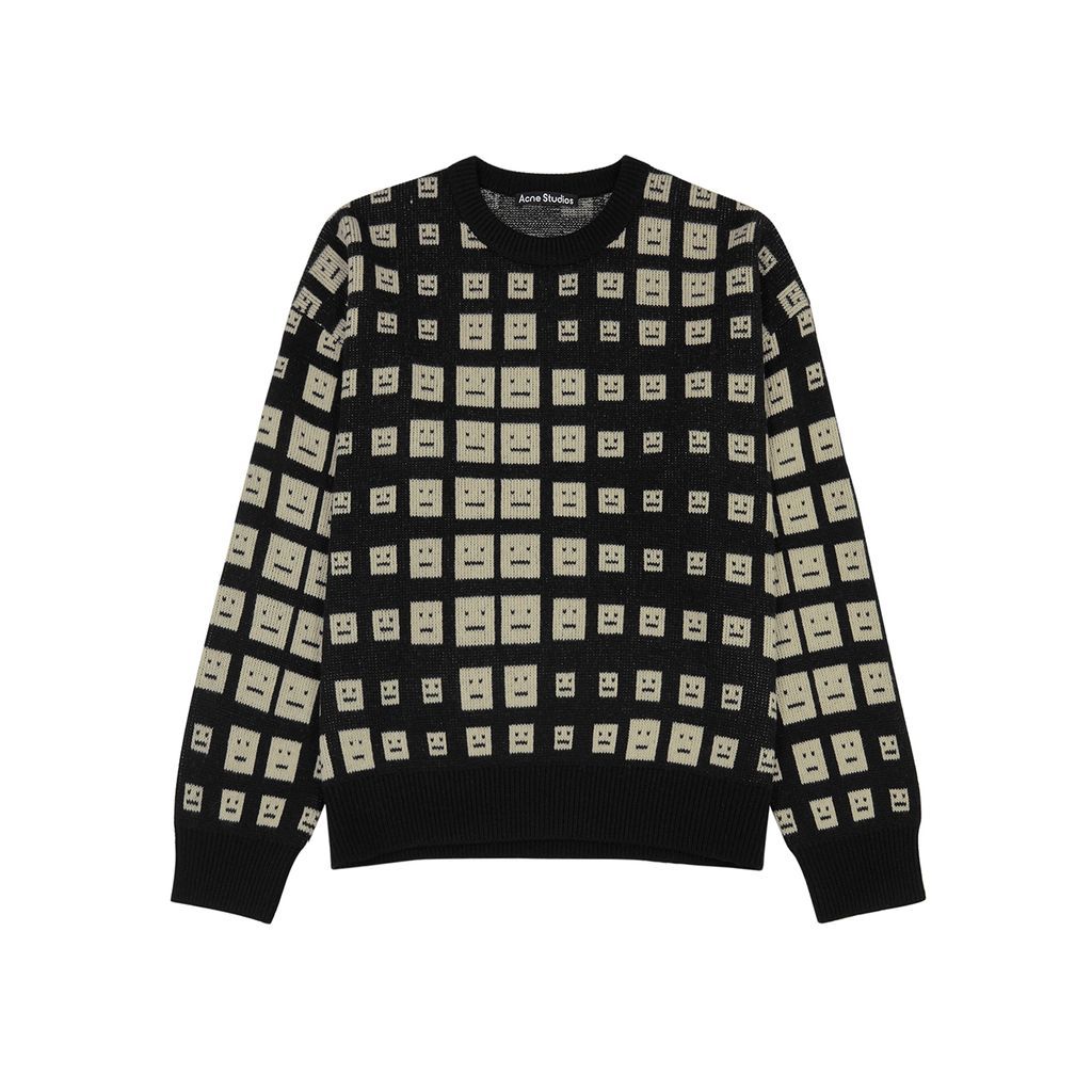 Smiley Face-intarsia Wool Jumper - Black And White - L