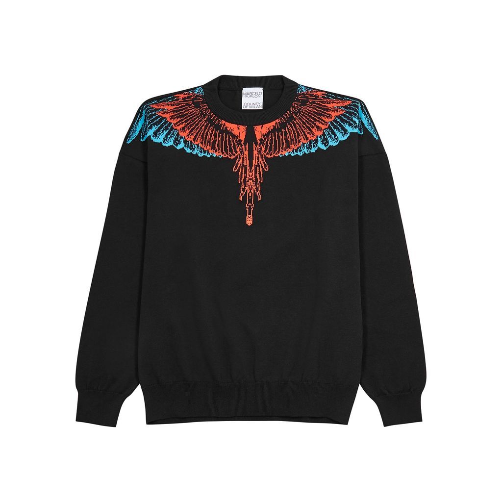 Wings-intarsia Cotton Jumper - Black And Red - M