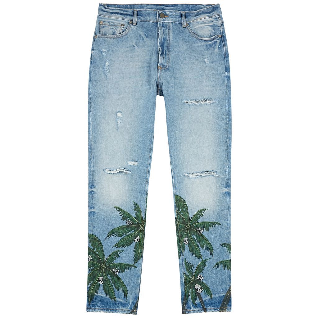 Printed Distressed Slim-leg Jeans - Blue - W34