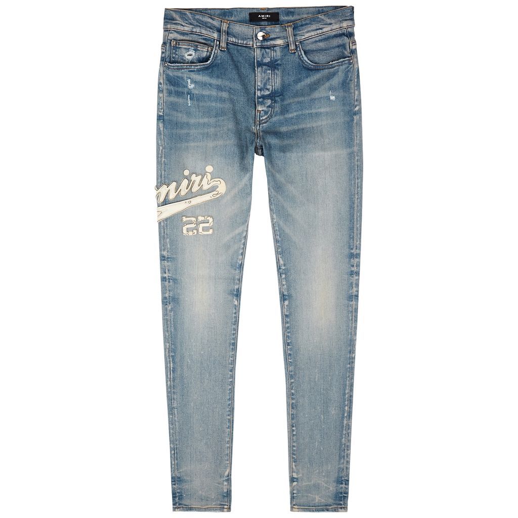 Varsity Distressed Skinny Jeans - Blue - W32