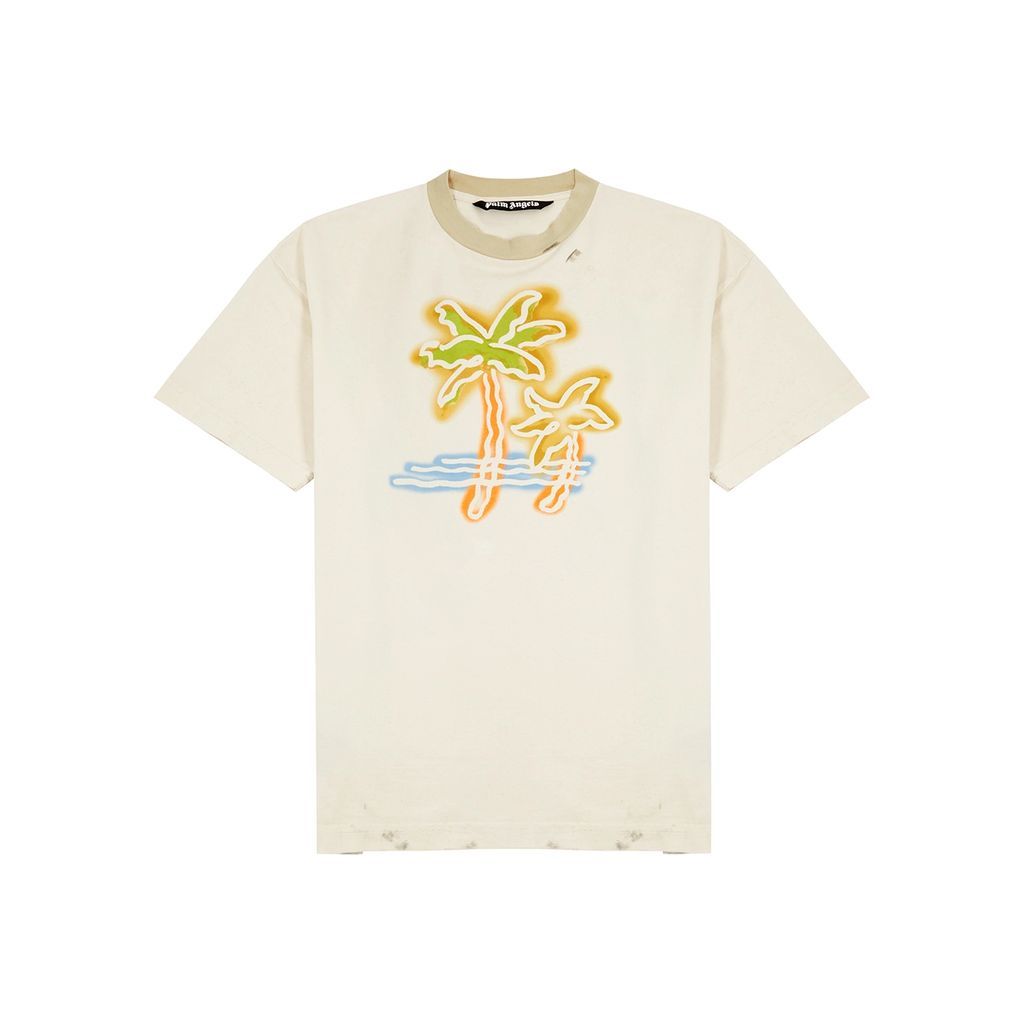 Printed Distressed Cotton T-shirt - Beige - L