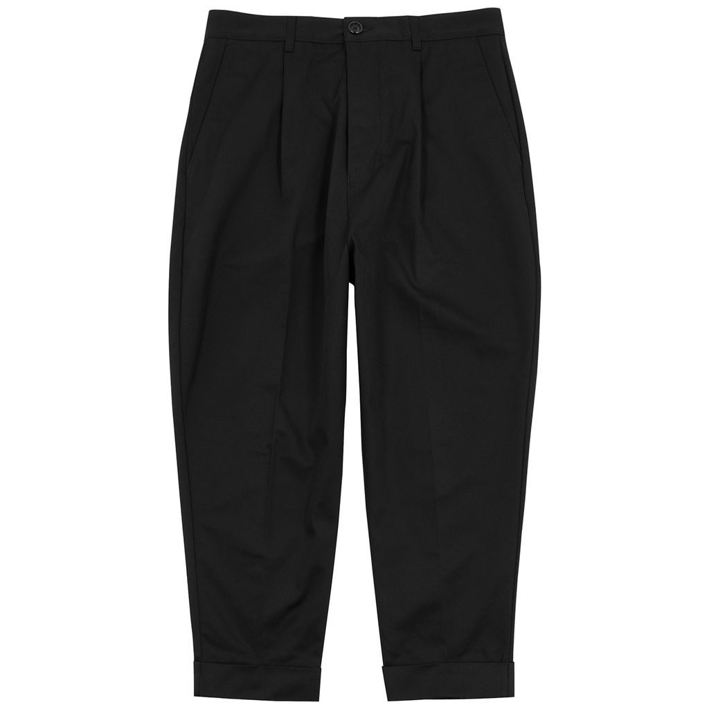 Tapered Cropped Cotton Trousers - Black - XL