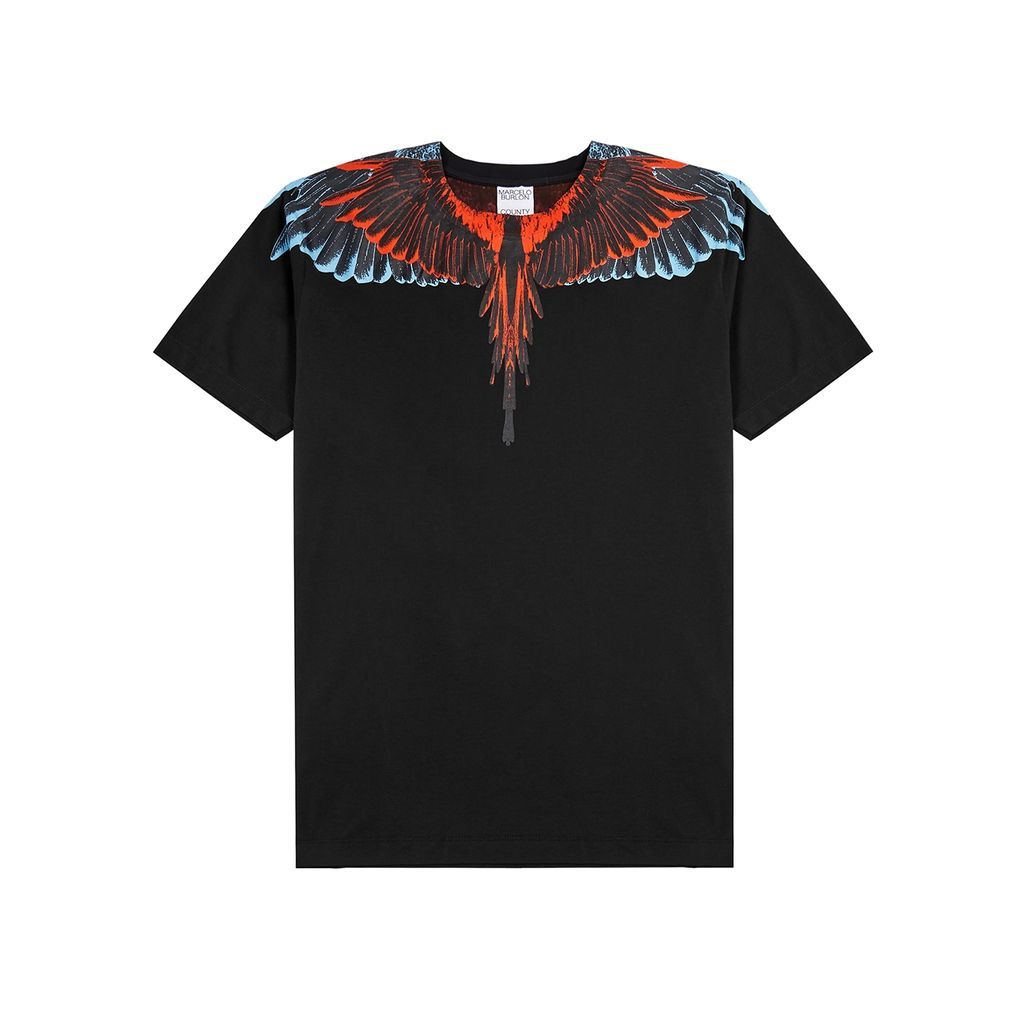 Wings-print Cotton T-shirt - Black - L