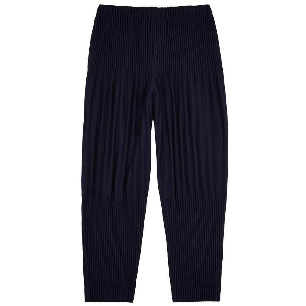 Pleated Cropped Trousers - Navy - 1