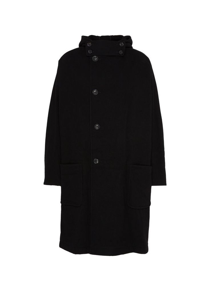 Detachable throatlatch hooded wool blend melton coat