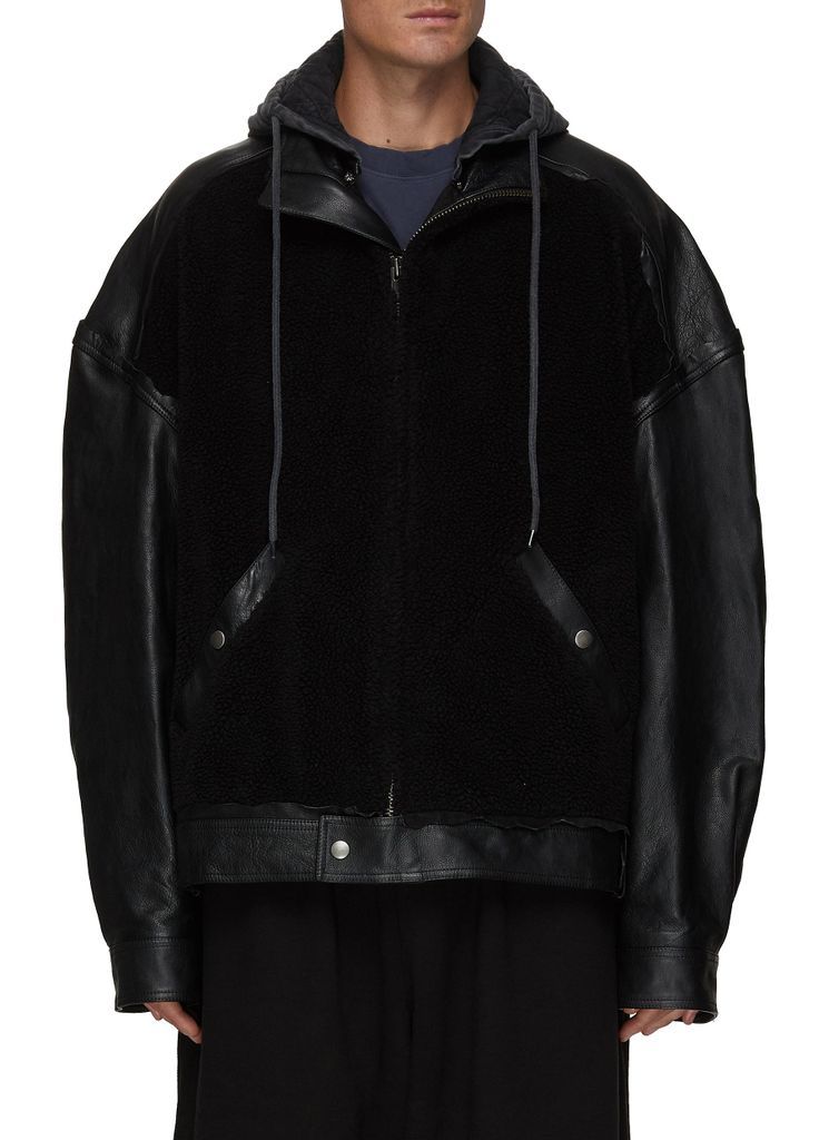 Grainy Leather Faux Shearling Hooded Zip-Up Jacket