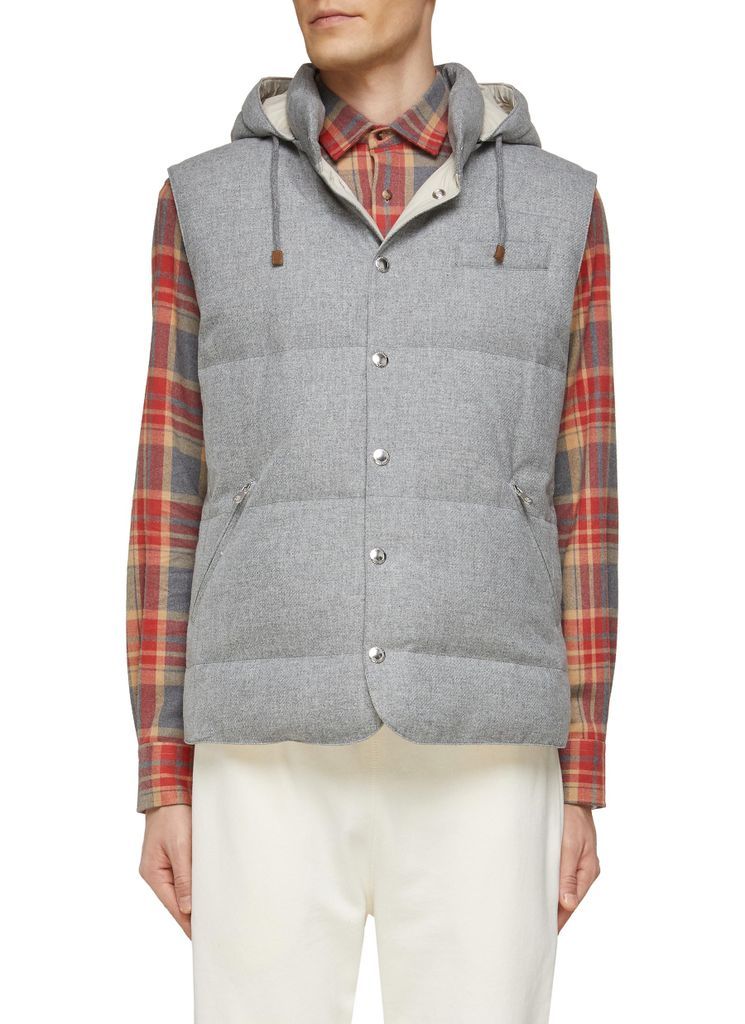 Hooded High Neck Snap Buttoned Quilted Wool Blend Vest