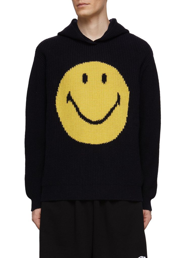 SMILEY FACE INTARSIA WOOL CASHMERE BLEND KNIT HOODIE