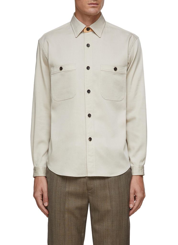 BUTTON FRONT WASHABLE LEATHER COLLAR DETAIL SHIRT