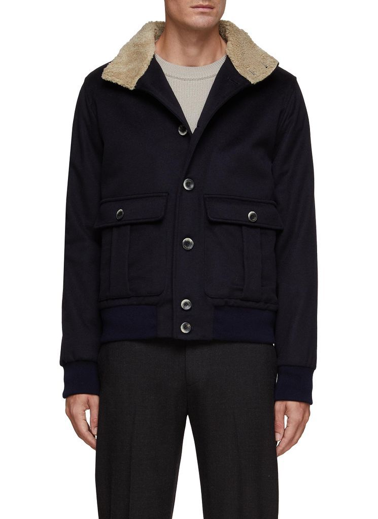 BUTTON FRONT SHEARLING COLLAR PLEATED FLAP POCKET LINED WOOL CASHMERE BLEND BOMBER