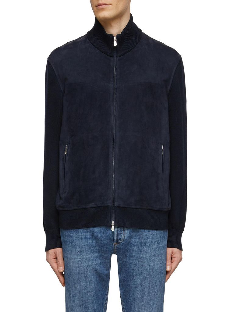 Suede Front Panel Cotton Knit Zip Up Jacket