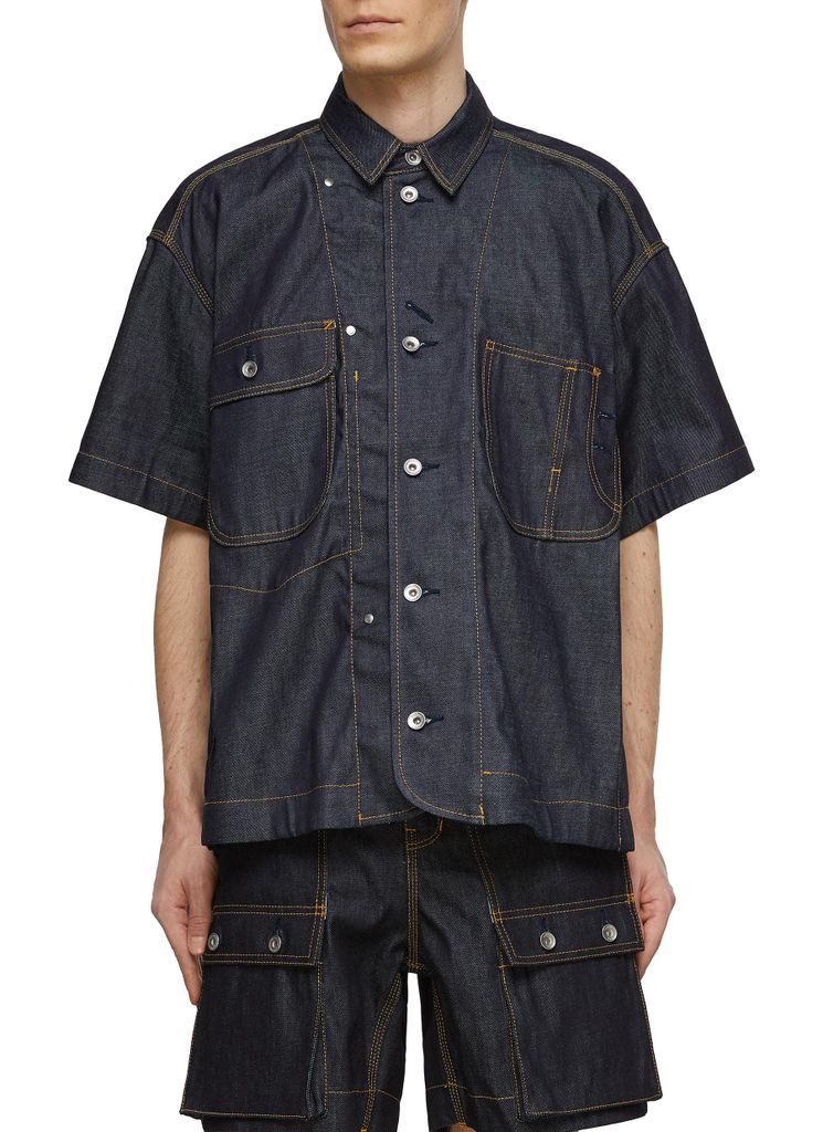 Asymmetrical Chest Pocket Contrast Stitch Short Sleeve Denim Shirt