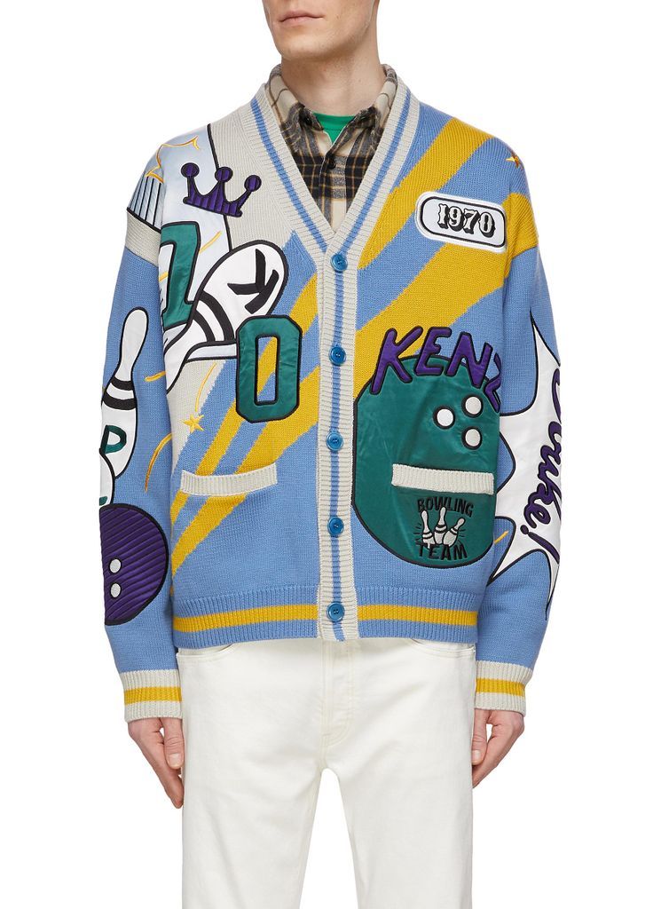 Logo Graphic Patch Button Front Knit Cardigan