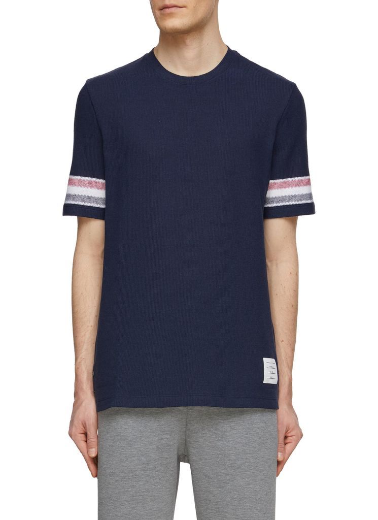Tricolour Stripe Motif Side Slit Cotton Knit T-Shirt