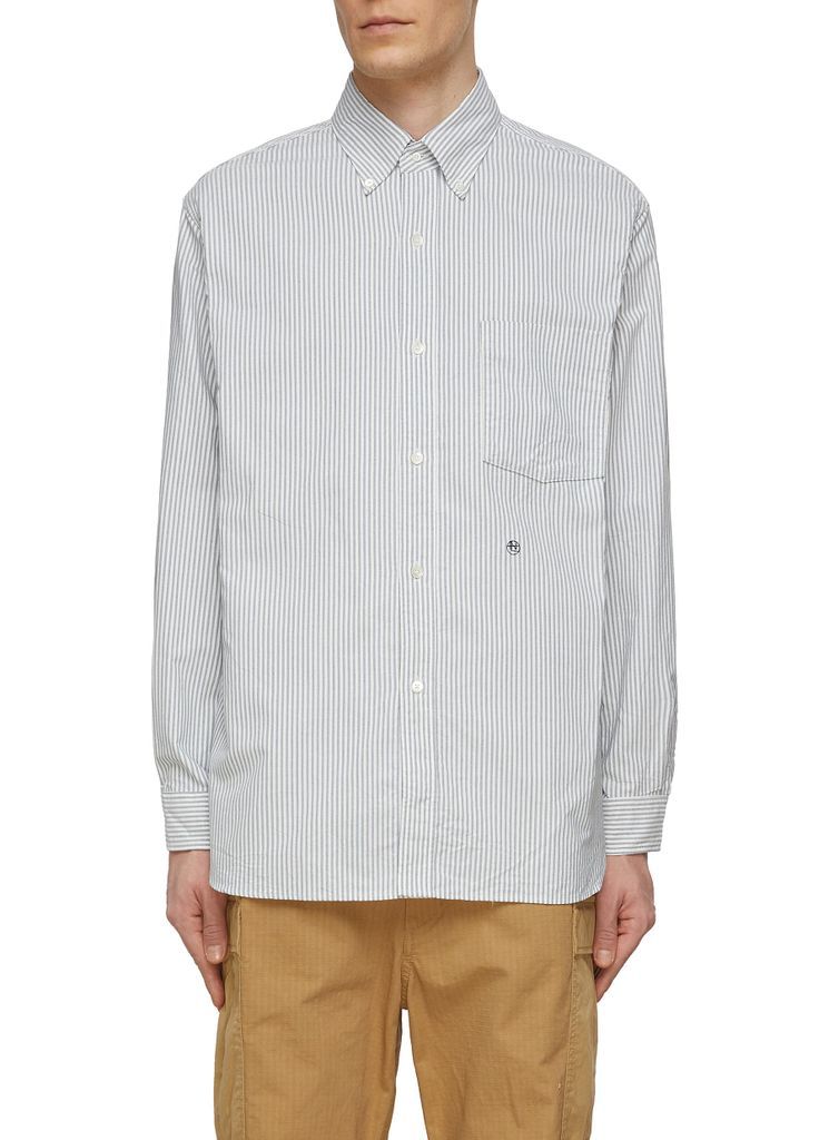Logo Embroidered Curved Hem Striped Button Up Shirt