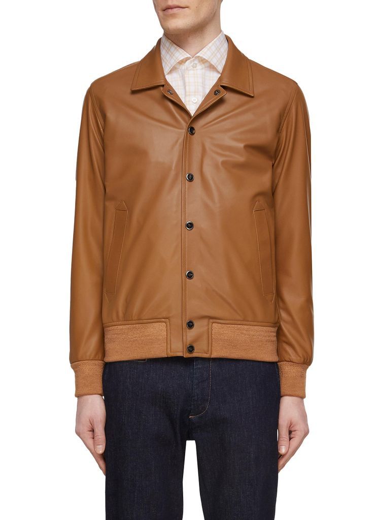 Lambskin Leather Button Up Bomber Jacket