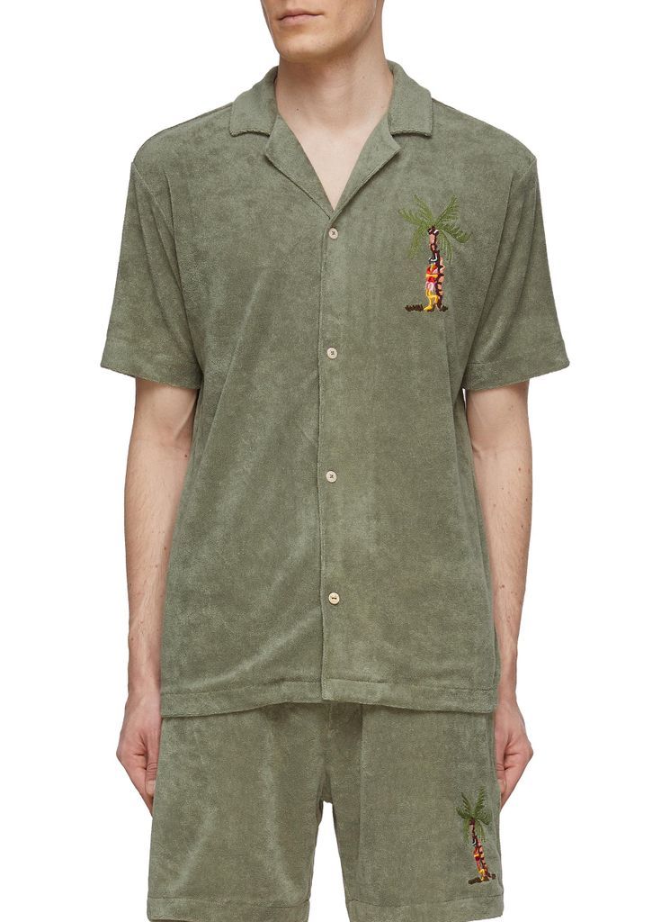 Palm Tree Embroidery Cotton Terry Short Sleeve Shirt