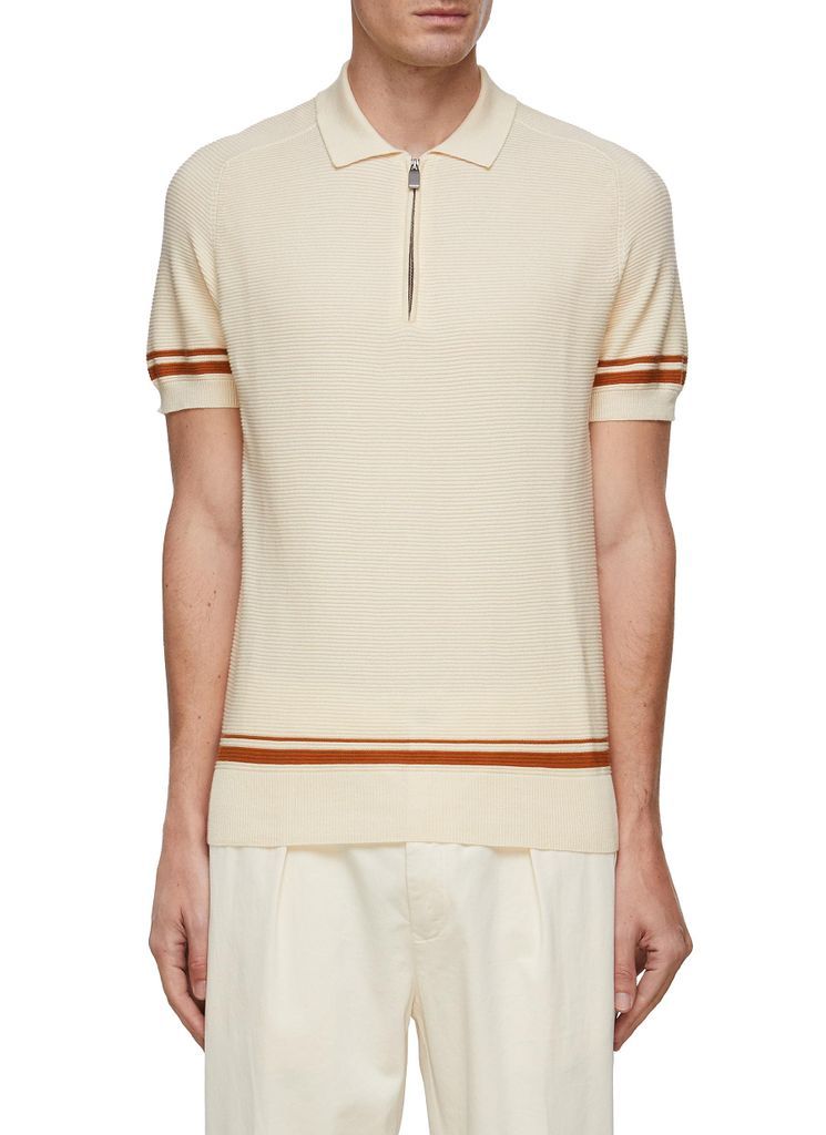 Striped Trim Cotton Ribbed Knit Zip Up Polo Shirt