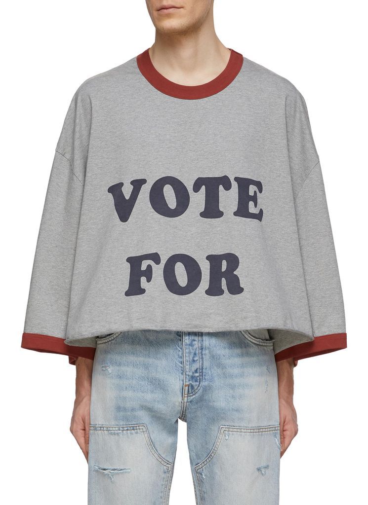 ‘Vote For' Slogan Print Cropped Oversized Contrast Ringer Cotton T-Shirt