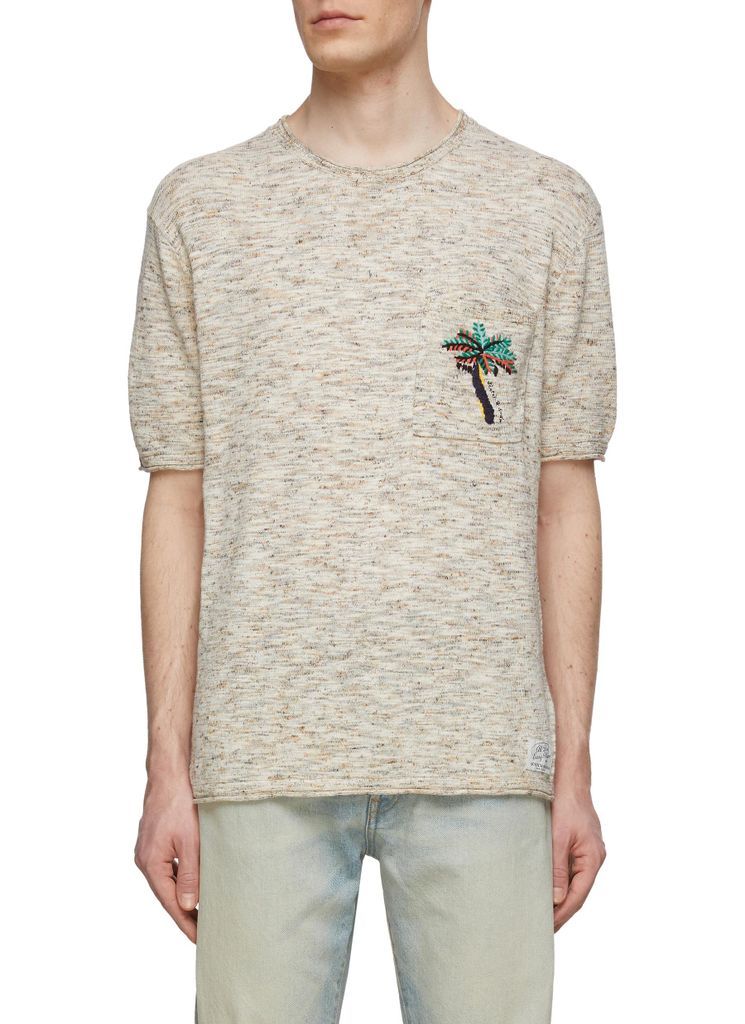 Palm Tree Embroidery Cotton Blend Knit Crewneck T-Shirt