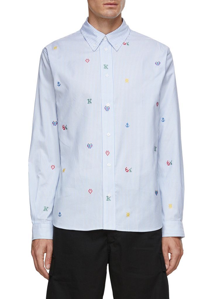 Pixelated Graphic Print Striped Button Down Shirt