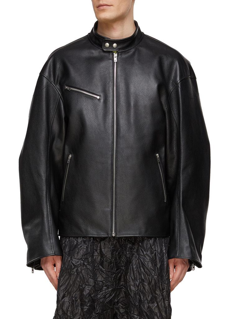Oversized Snap Collar Leather Jacket
