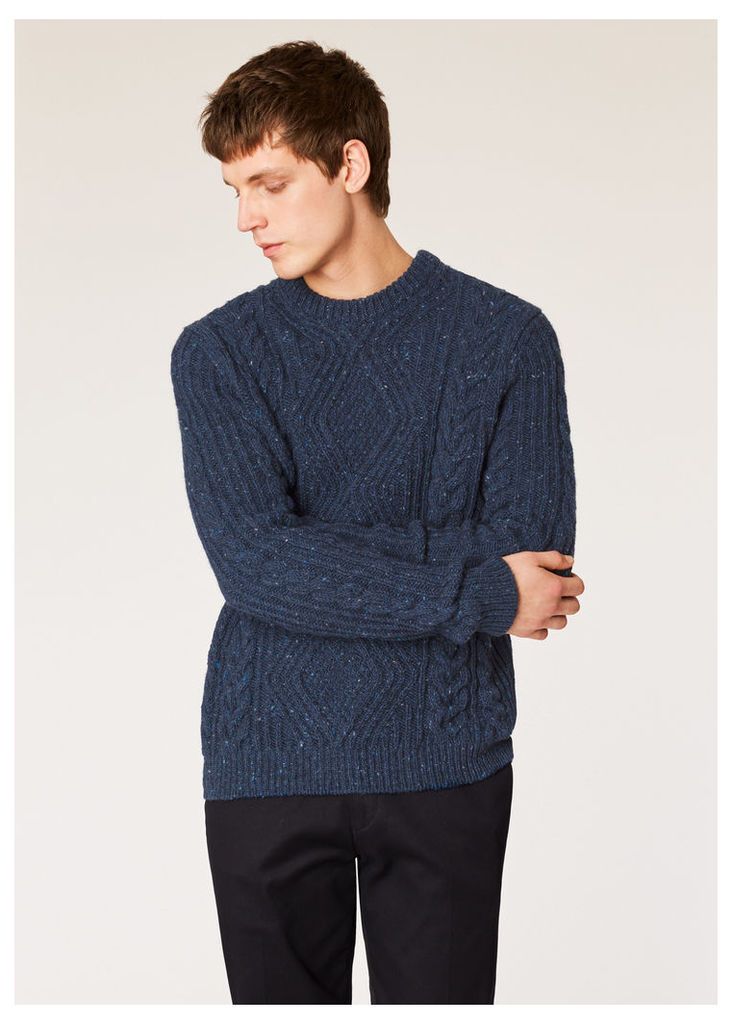 Men's Navy Wool-Mohair Donegal Cable-Knit Sweater