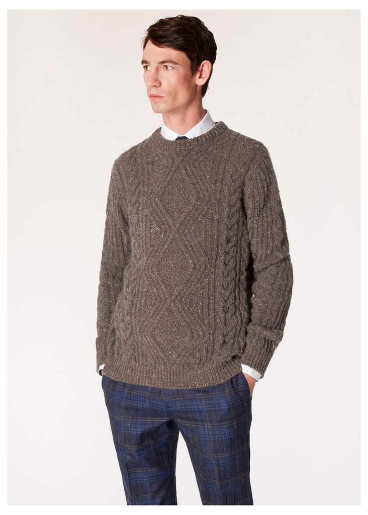 Men's Brown Wool-Mohair Donegal Cable-Knit Sweater