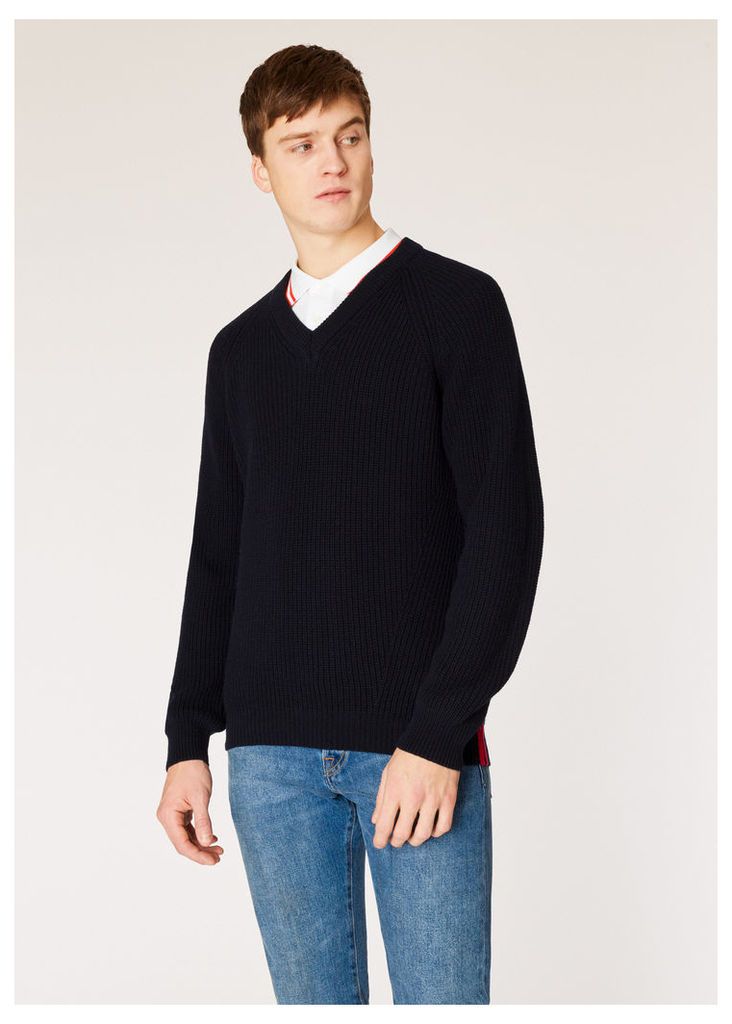 Men's Dark Navy Ribbed V-Neck Sweater
