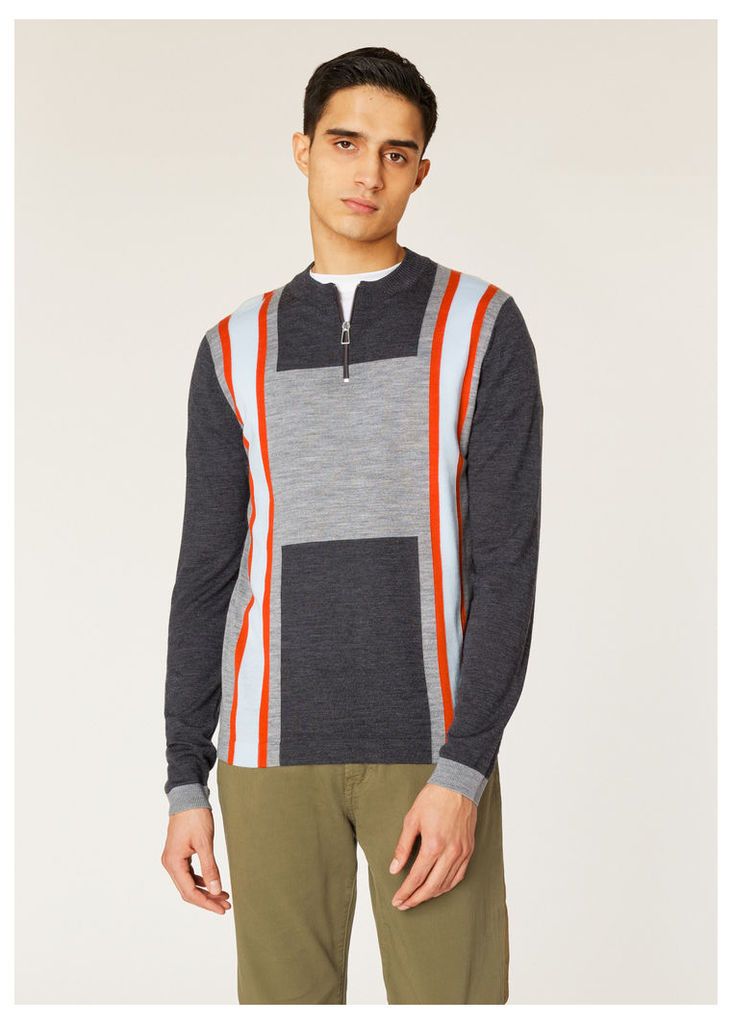 Men's Grey And Orange Colour-Block Merino-Wool Sweater With Half-Zip
