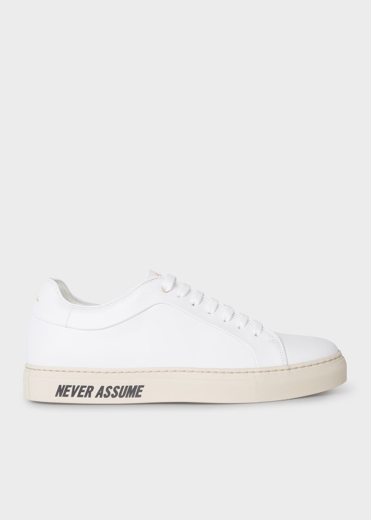Men's White Leather 'Basso' Trainers With 'Never Assume' Detail